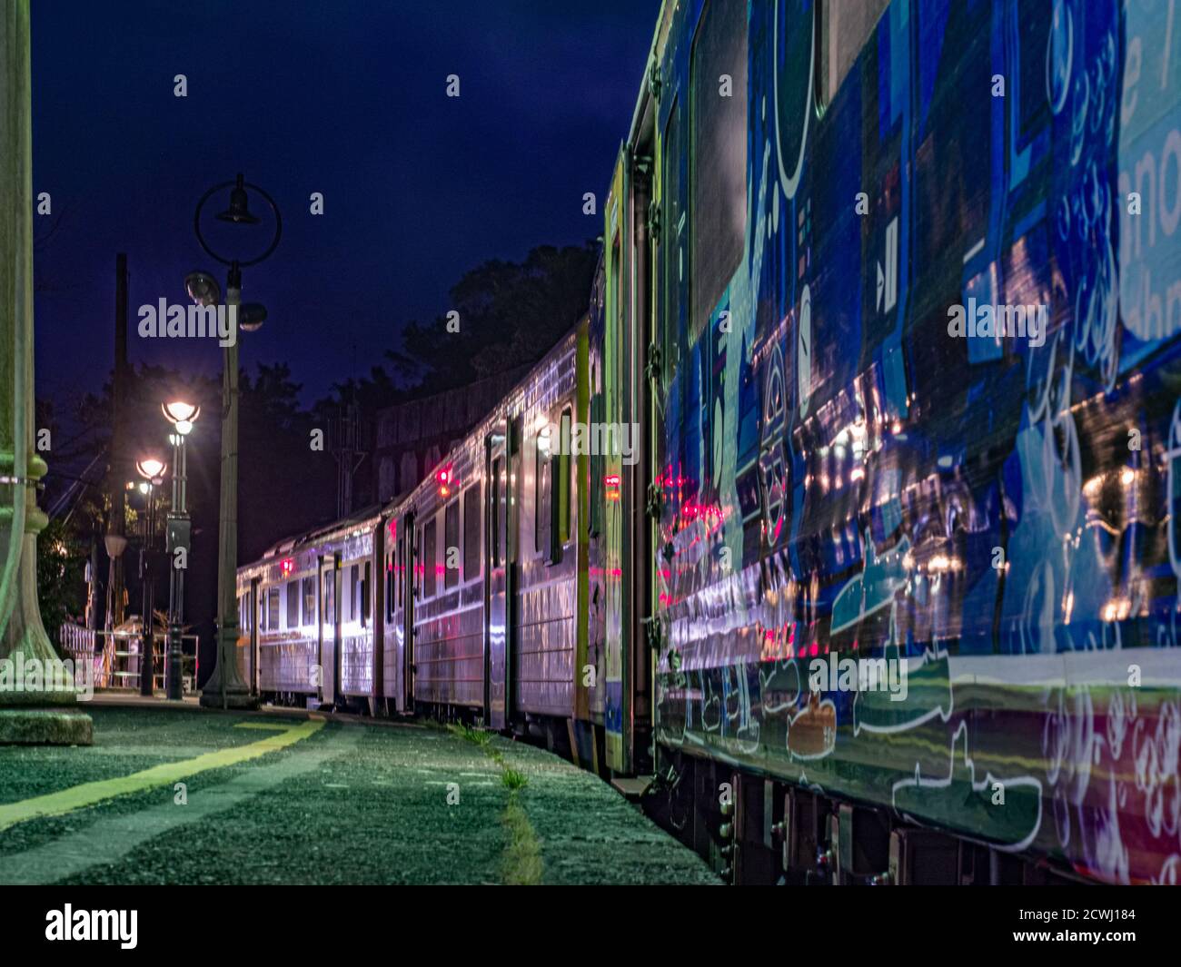 Jingtong, Taiwan - October 05, 2016: Wagons of  historic train  Pingxi Line in Taiwan by night with selective focus. Asia Stock Photo