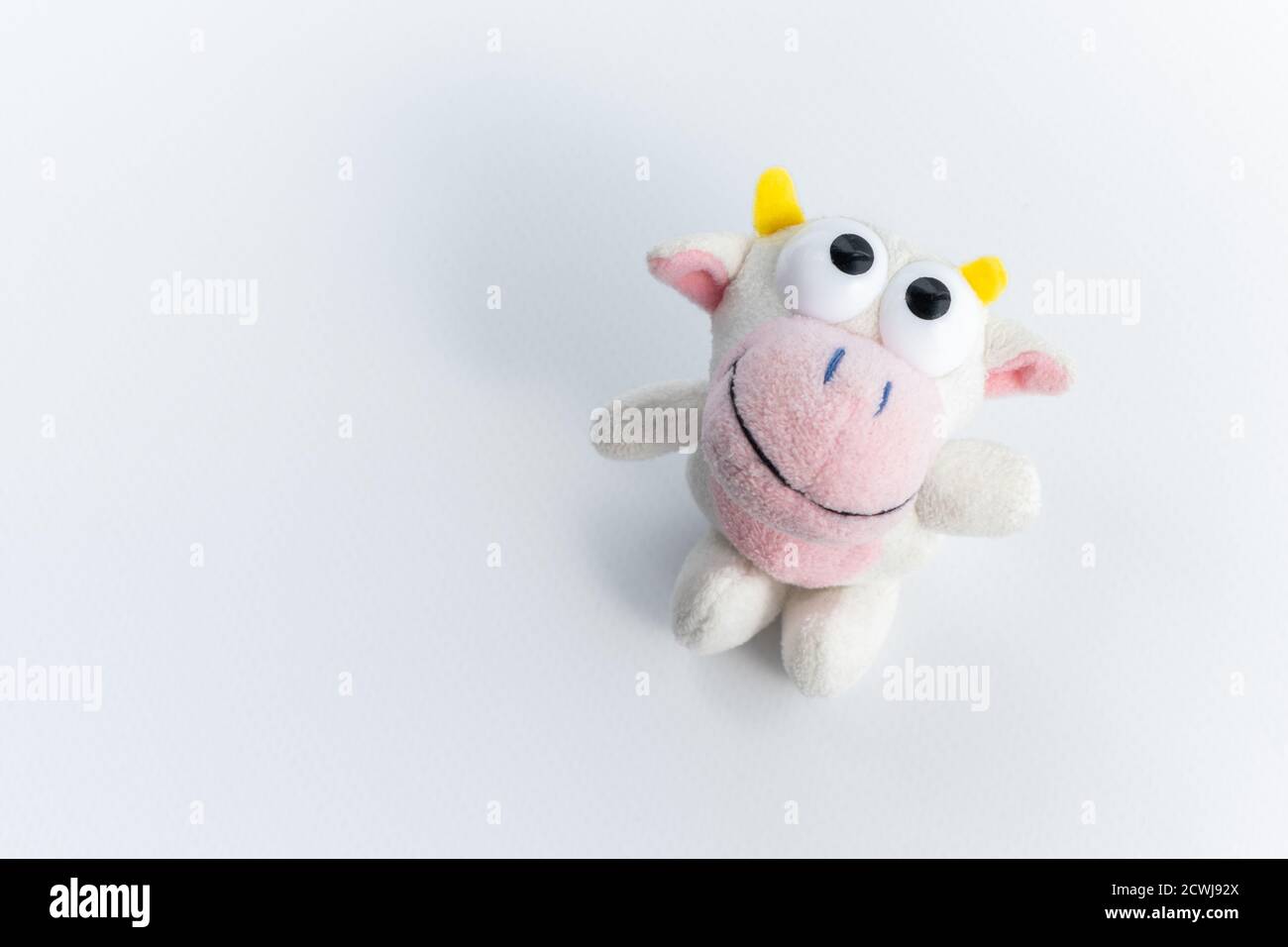 Children's soft toy bull, on a white background. A cute toy for funny children's games. The symbol of the new 2021. Close up. Space for text. Stock Photo