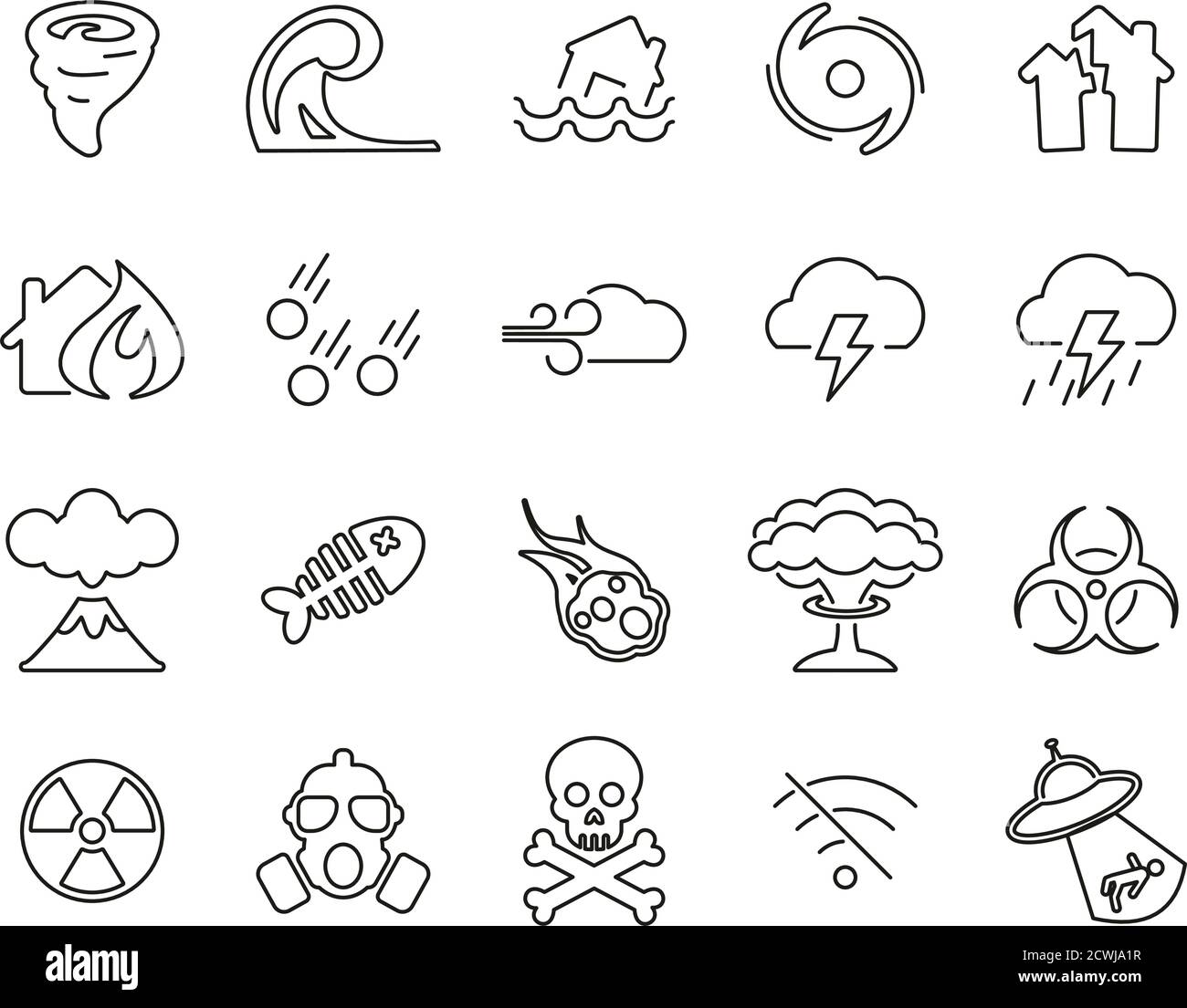 Armageddon Or Disaster Icons Thin Line Set Big Stock Vector