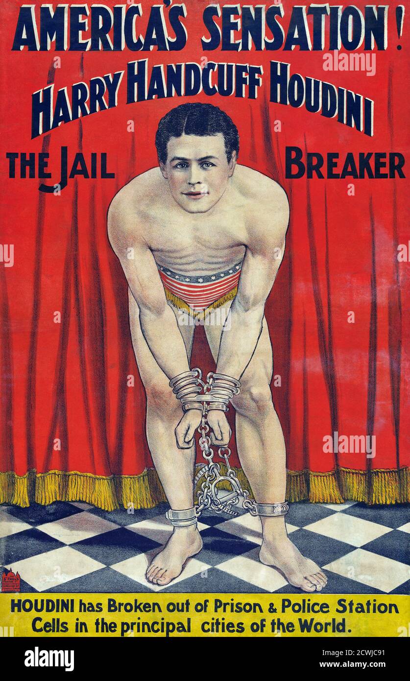 Harry Houdini, born Erik Weisz, 1874 - 1926.  Hungarian born American escape artist , magician and stunt performer.  From a poster advertising a performance dating from circa 1900. Stock Photo