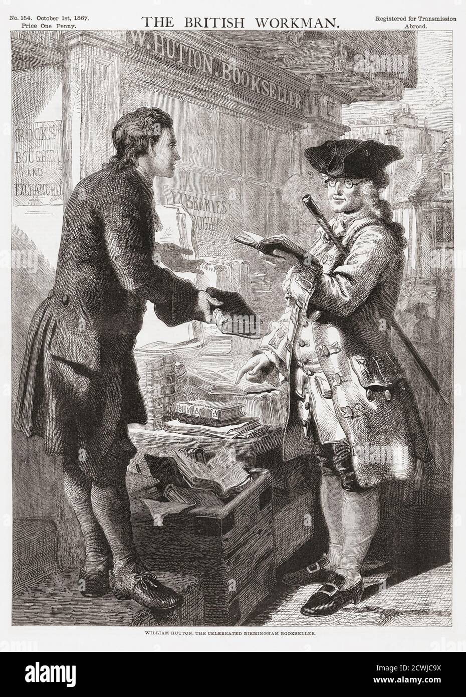 William Hutton selling a customer a book outside his Birmingham shop.  William Hutton, 1723 - 1815. English bookseller, poet, historian and travel writer.  He was the first important historian of the city of Birmingham and authored a book, History of Birmingham, in 1781.  After an engraving by an unknown artist on the front cover of The British Workman, published October I, 1867. Stock Photo