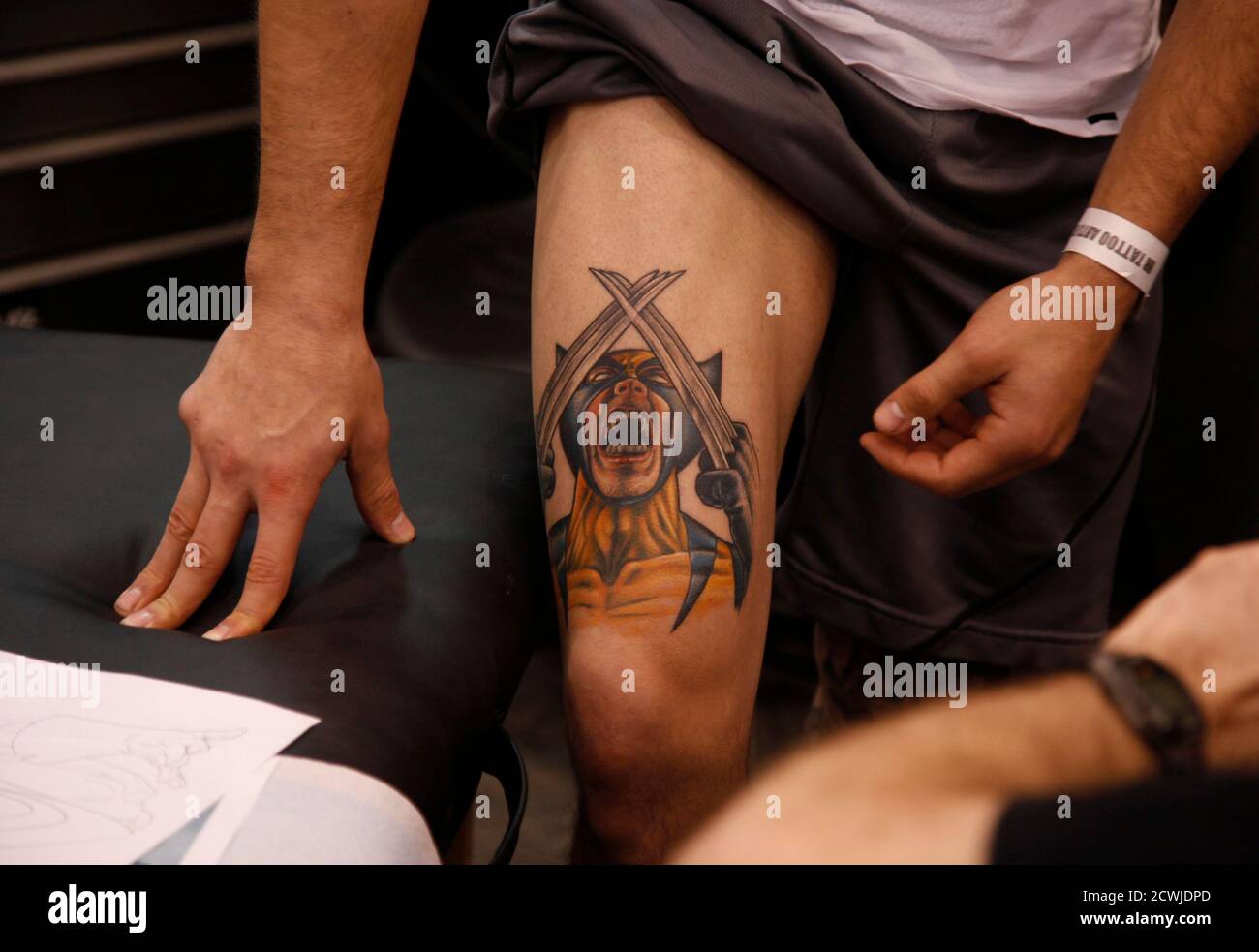 A tattoo of Wolverine is pictured on the right leg of Ron Raucci before receiving his latest Captain America tattoo at the Hampton Roads Tattoo Festival in Virginia, March 2, 2012. Raucci, A tattoo of Wolverine is pictured on the right leg of Ron Raucci before receiving his latest Captain America tattoo at the Hampton Roads Tattoo Festival in Virginia, March 2, 2012. Raucci,
