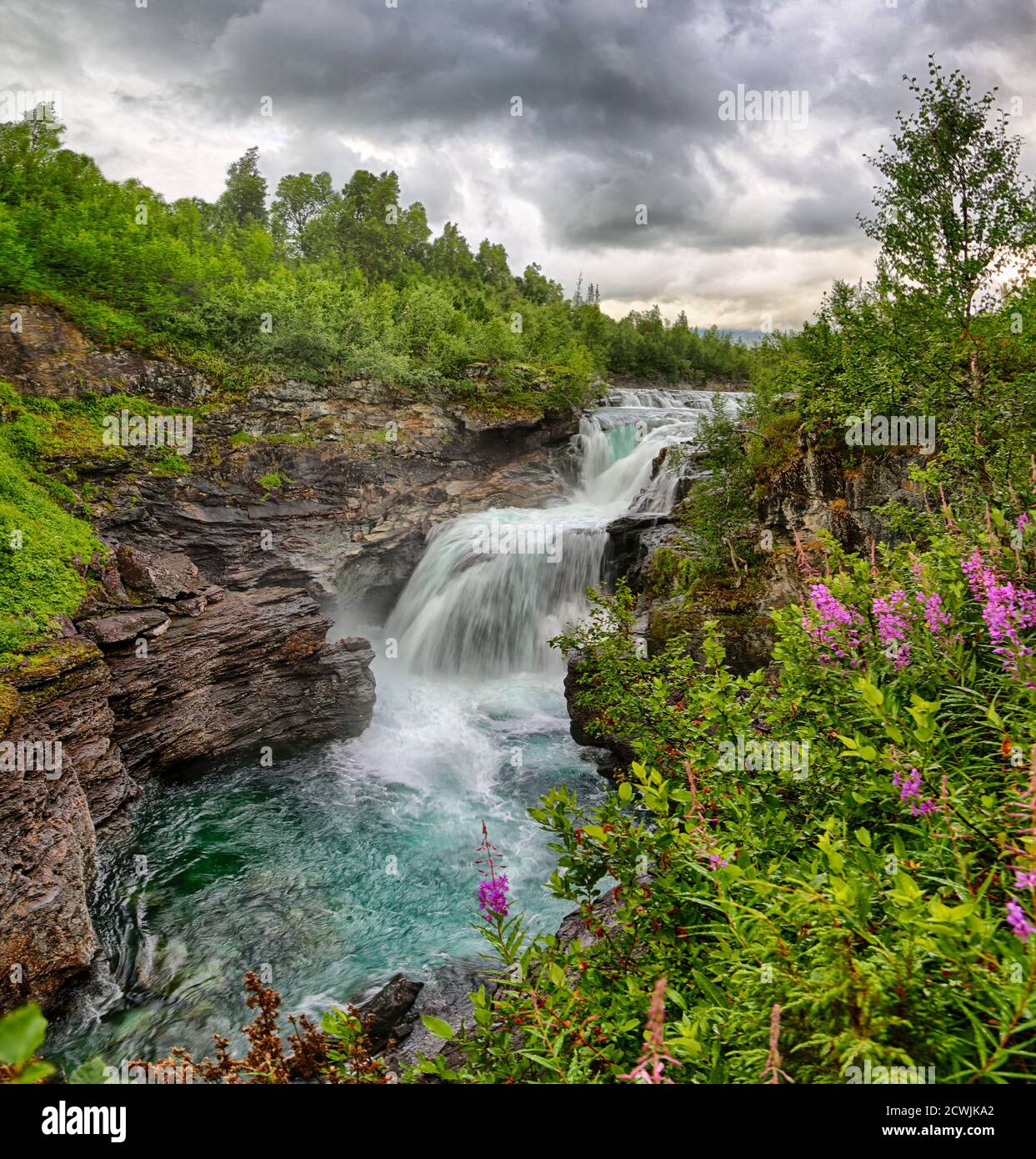 Waterfall Gaustafallet near Vildmarksvägen in North Sweden Stock Photo