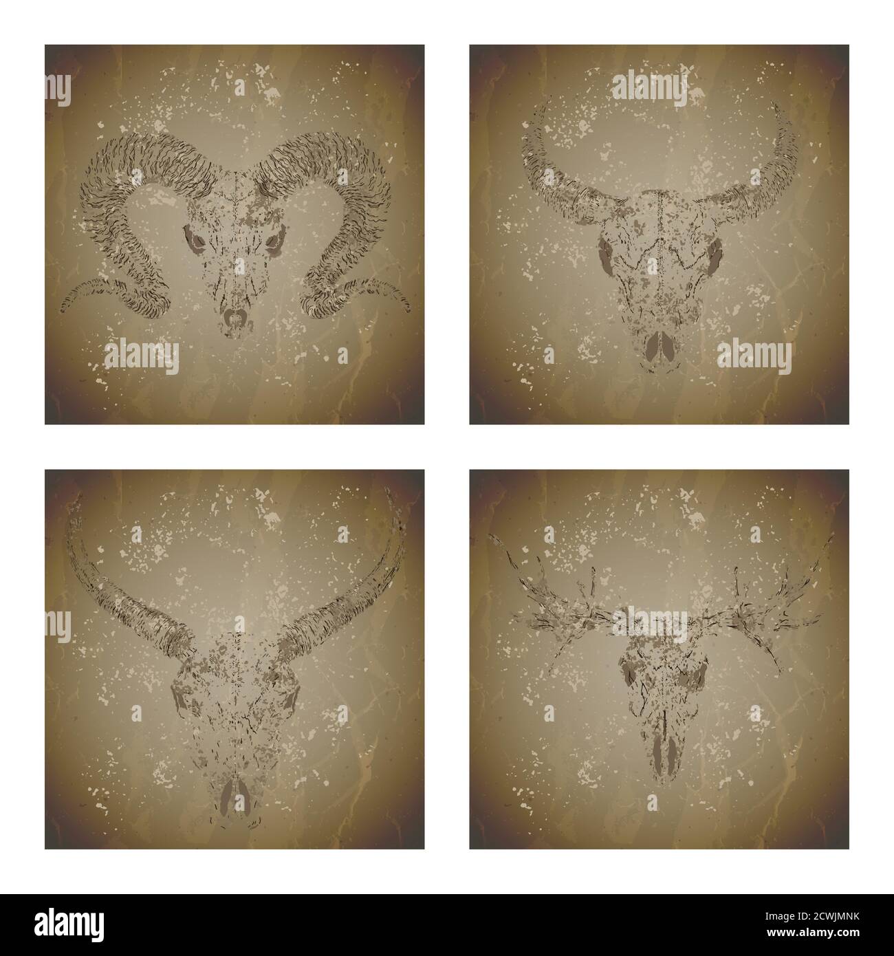 Vector set of four illustrations with grunge silhouettes skulls wild buffalo,  ram, moose and bull on vintage background. Sketch in sepia color. For yo  Stock Vector Image & Art - Alamy