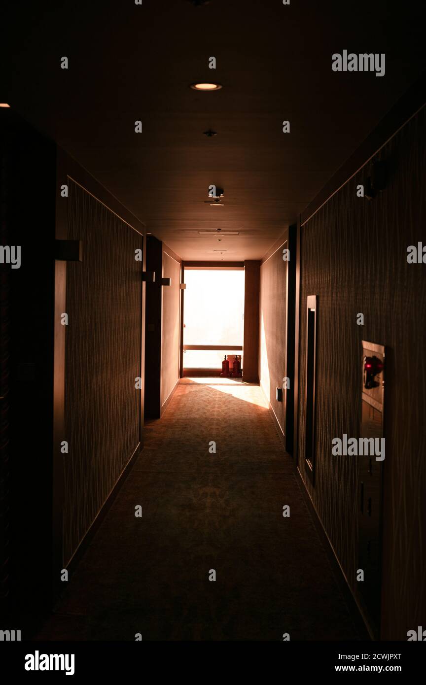 Sunlight shine through window on corridor in hotel Stock Photo