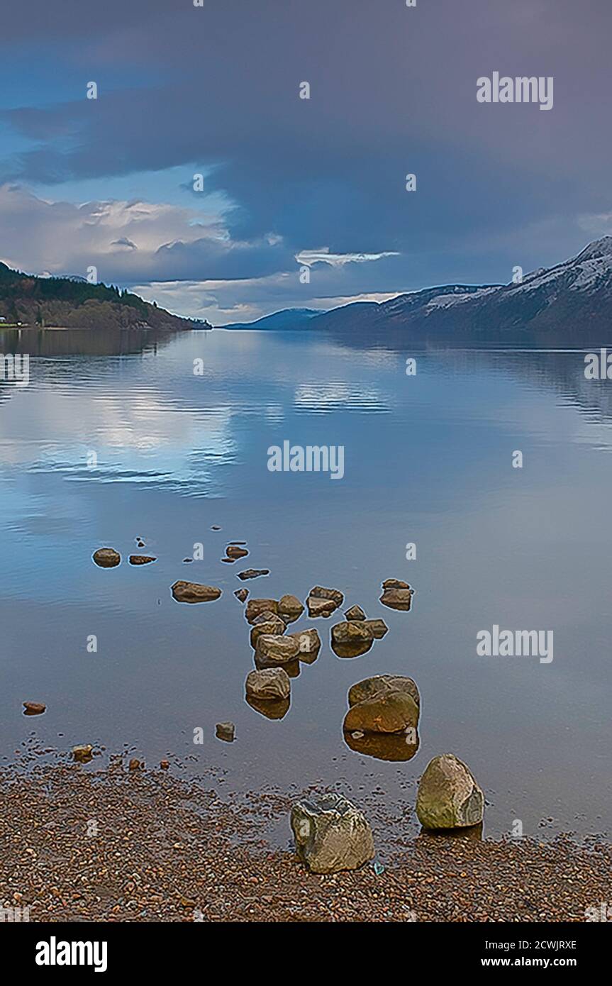 Calm waters of Loch Ness at the Fort Augustus West end. Stock Photo