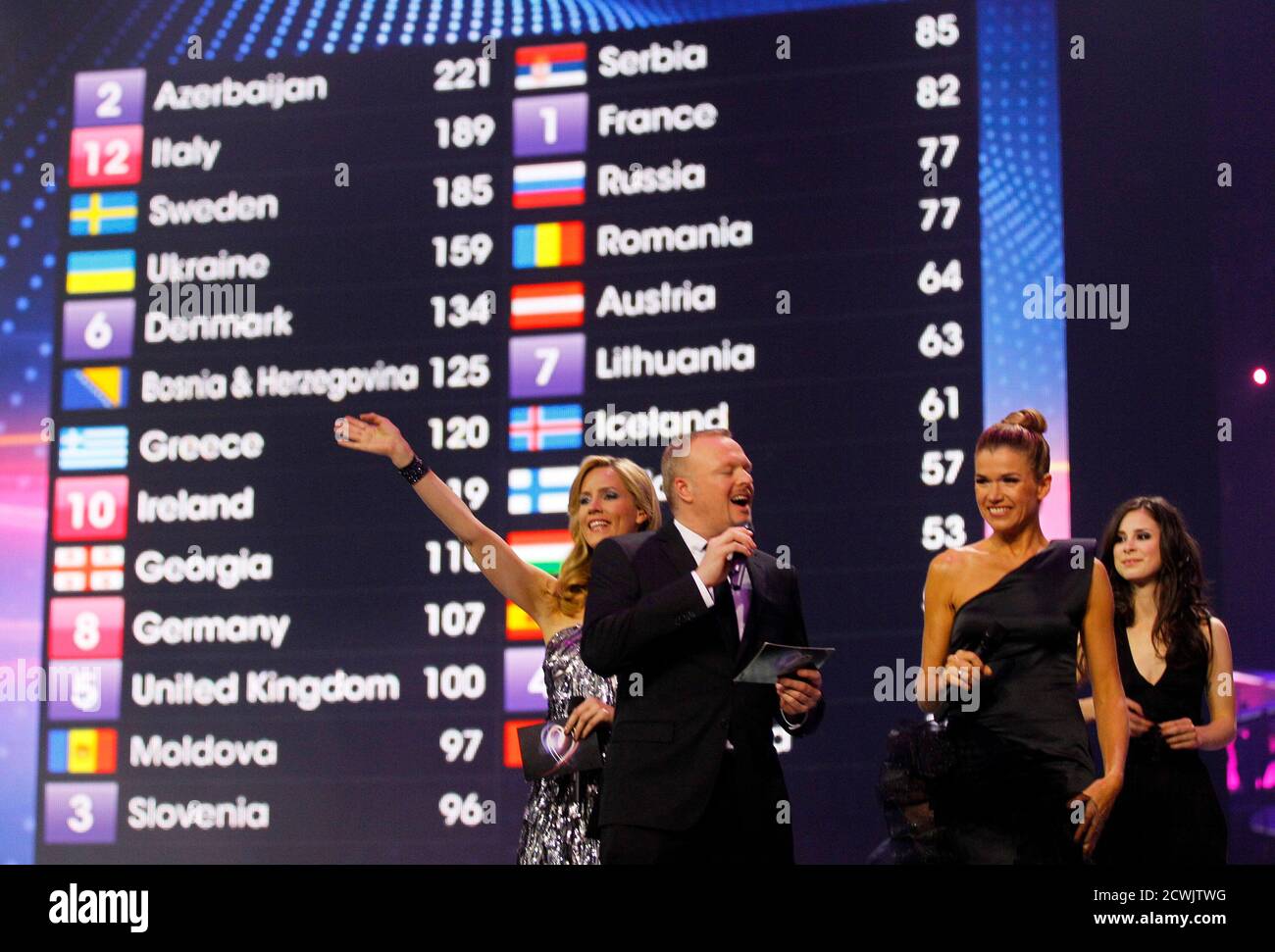 German TV entertainers and hosts of the Eurovision, Judith Rakers (L), Stefan Raab (2ndL), Anke Engelke and Lena (R) perform on stage during the Eurovision Song Contest final in Duesseldorf May 14, 2011.    REUTERS/Wolfgang Rattay (GERMANY  - Tags: ENTERTAINMENT) Stock Photo