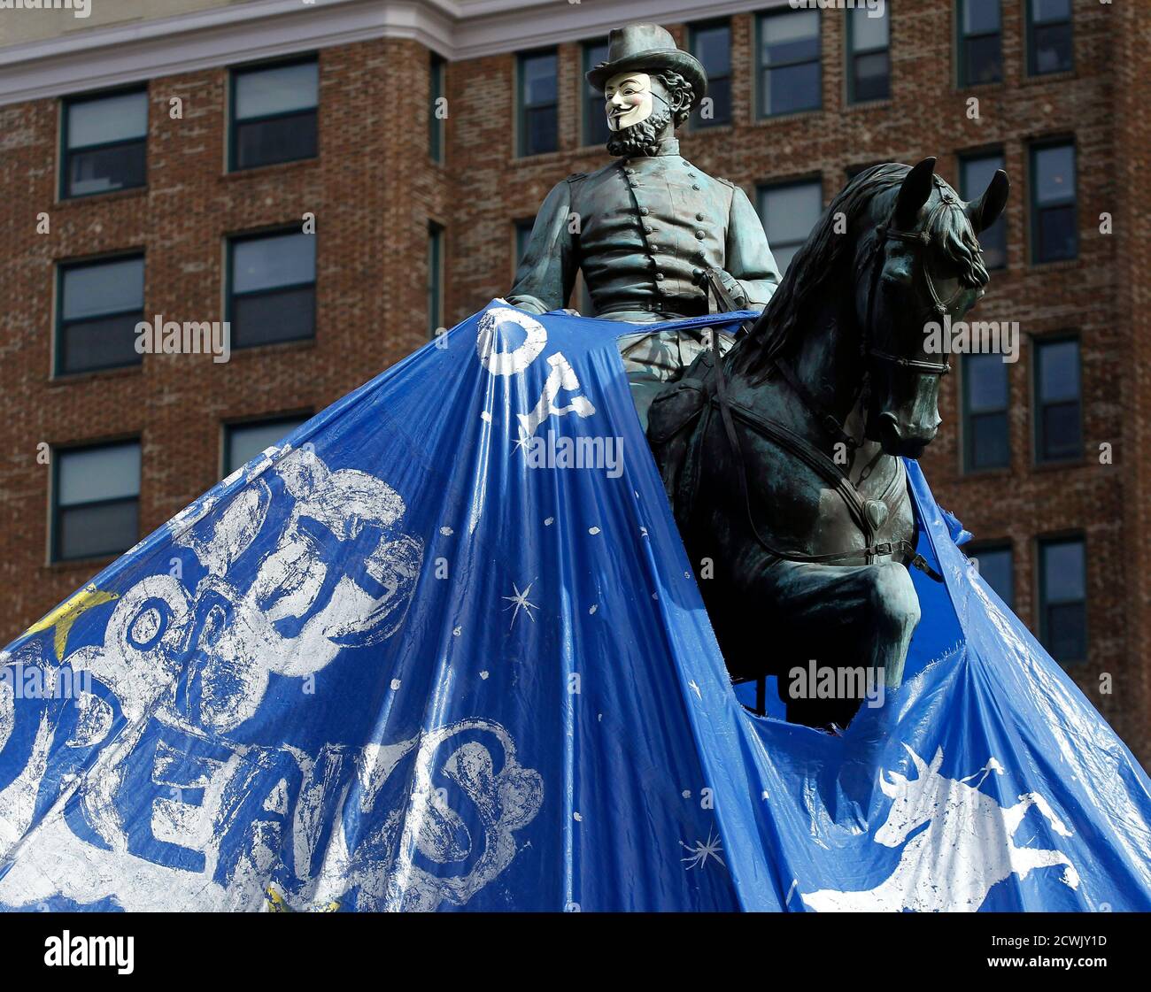 The Statue Of Civil War Major General James Mcpherson Adorned With A Guy Fawkes Mask Is