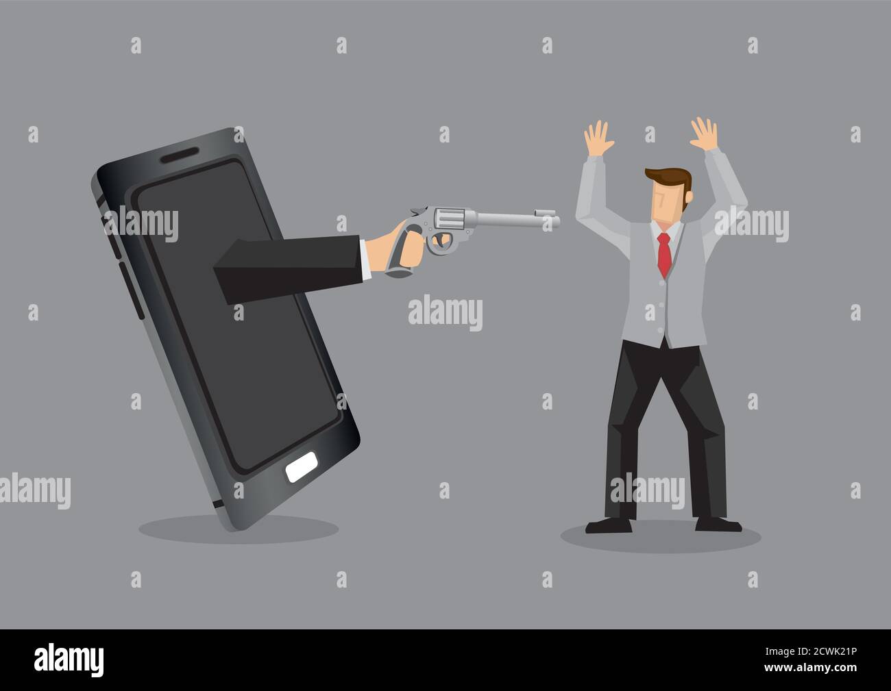 Hand from mobile phone holding gun and threatening cartoon man in hands-up surrender gesture, metaphor for threats of modern technology. Creative vect Stock Vector