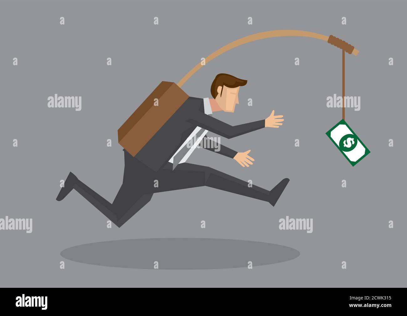 Business executive running after dangling dollar note in front of him. Creative vector cartoon illustration on self defeating method to achieve wealth Stock Vector