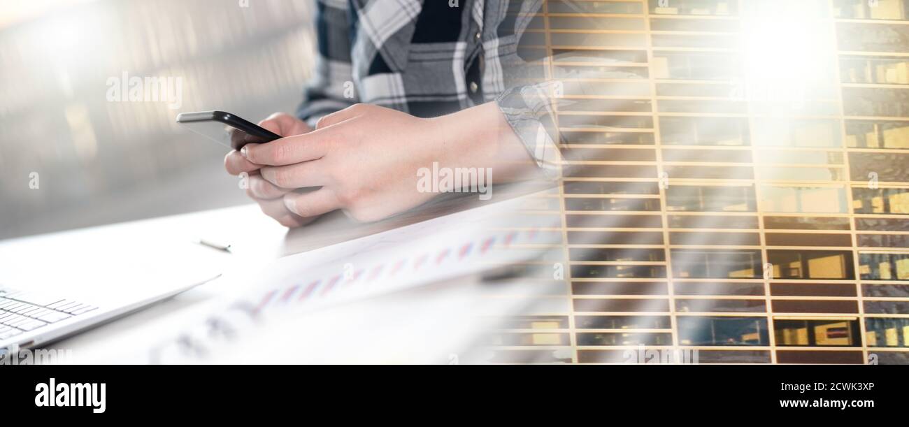 Female hands using a mobile phone; multiple exposure Stock Photo - Alamy