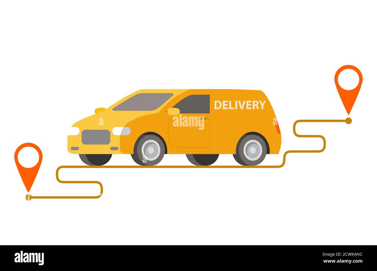 Delivery yellow hatchback carrying parcels on points.Vector illustration Stock Vector Image