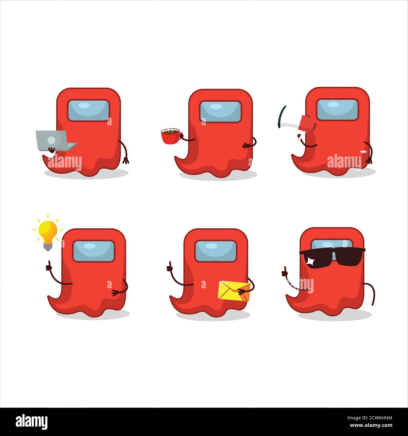 Ghost among us redcartoon character with various types of business emoticons Stock Vector
