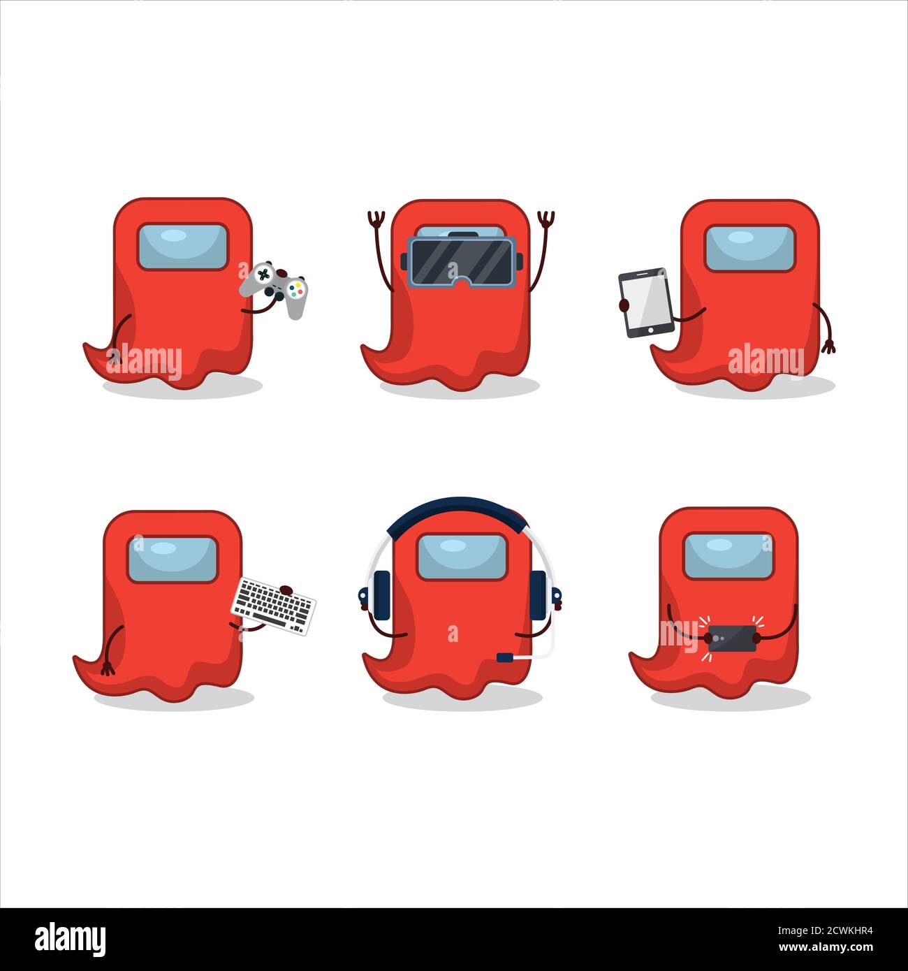 Ghost among us red cartoon character are playing games with various cute emoticons Stock Vector