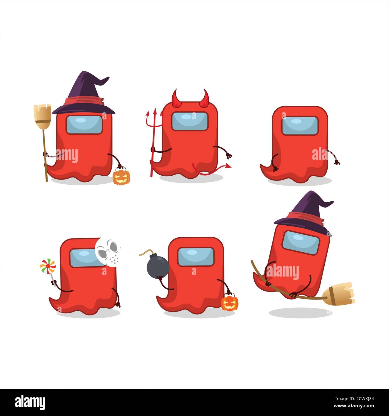 Halloween expression emoticons with cartoon character of ghost among us red Stock Vector