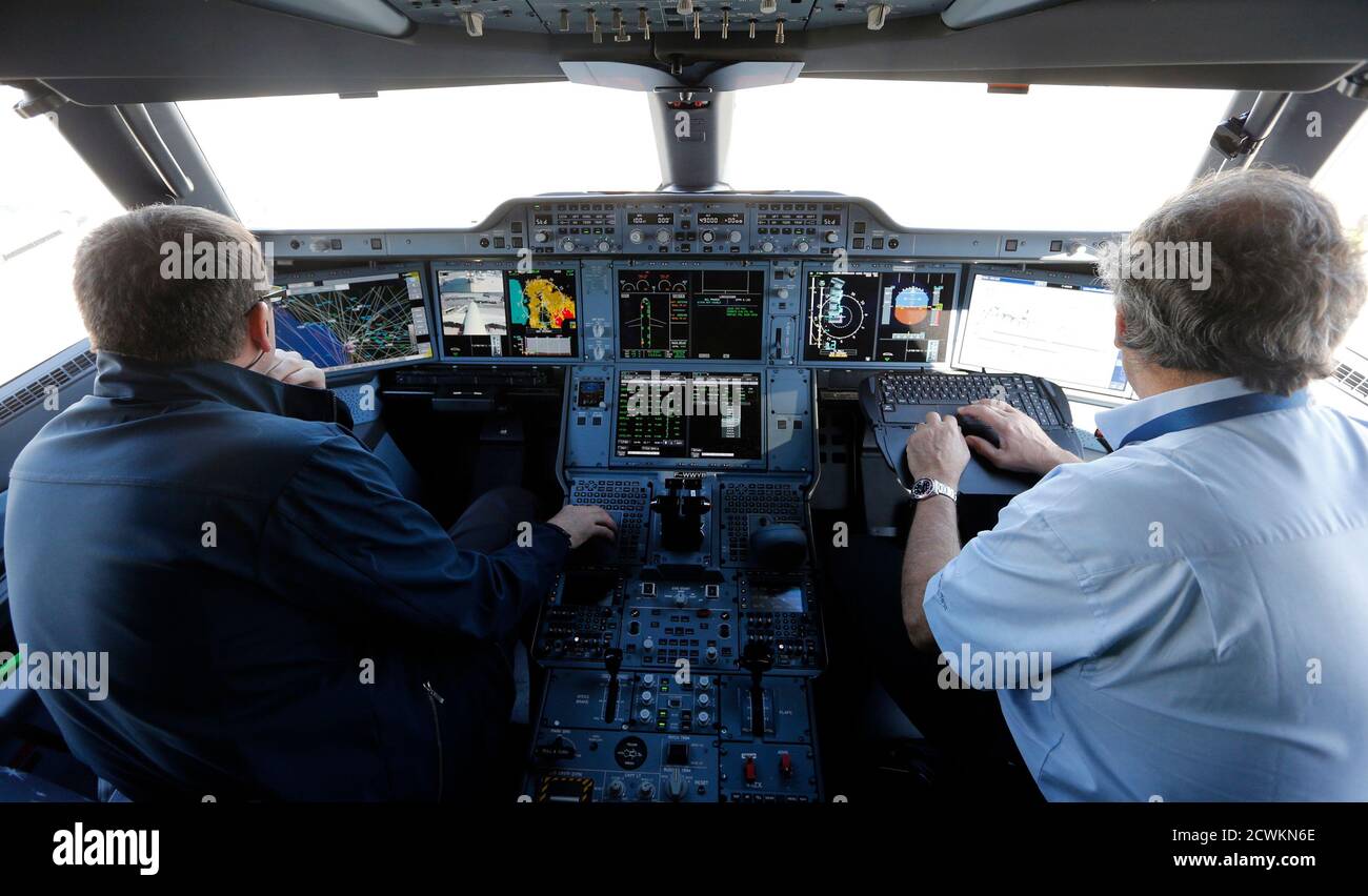 A view of the Airbus A350 XWB flight-test aircraft cockpit is seen during a  media day event at Guarulhos airport in Sao Paulo August 7, 2014. The  Airbus A350 XWB landed in