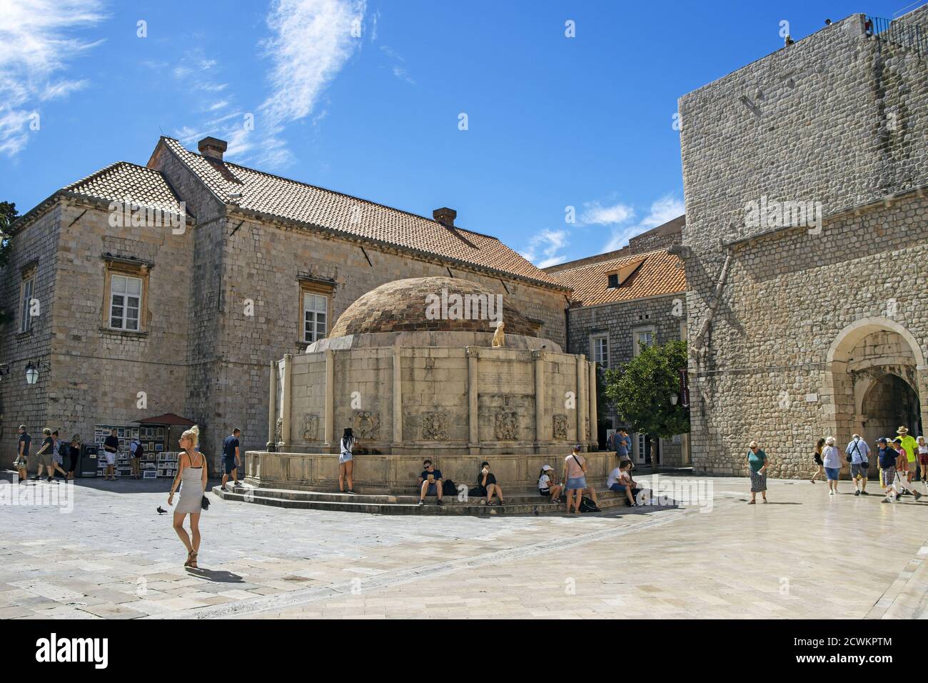 Dubrovnik, Croatia - September 01, 2020: Many tourists near the big Onfrio fountain with water Stock Photo