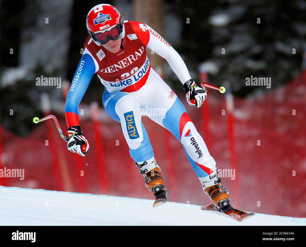 Fraenzi Aufdenblatten of Switzerland makes a turn during the Women's World Cup downhill alpine skiing race in Lake Louise, Alberta December 2, 2011.    REUTERS/Mike Blake     (CANADA - Tags: SPORT SKIING) Stock Photo