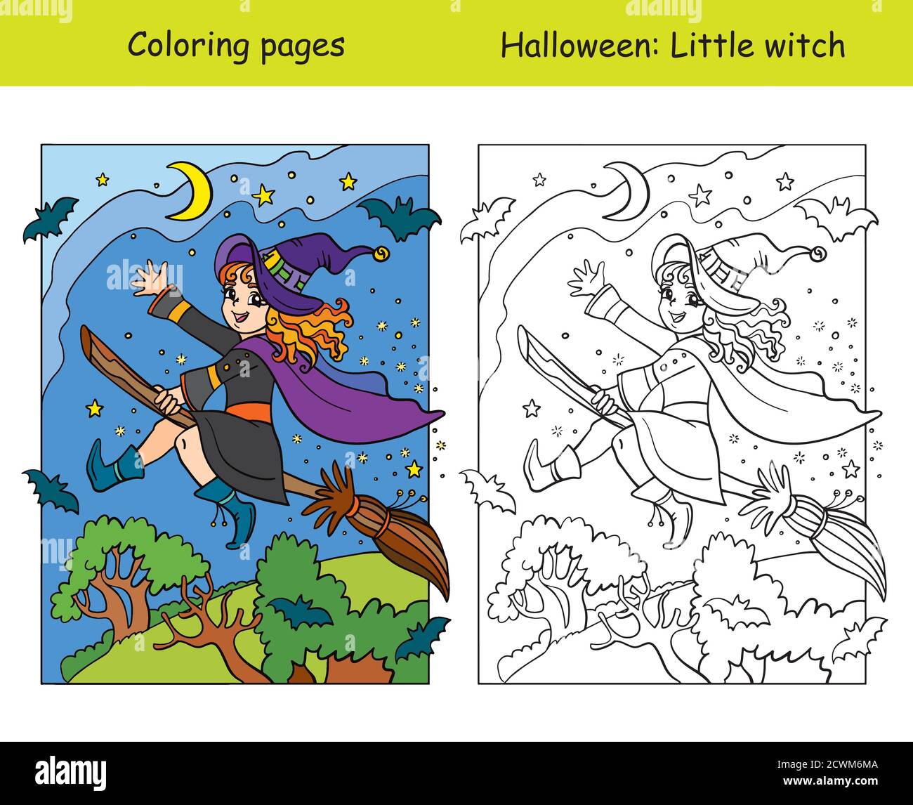 Vector coloring pages with colored example little witch flying on broom. Cartoon Halloween illustration. Coloring book for children, preschool educati Stock Vector
