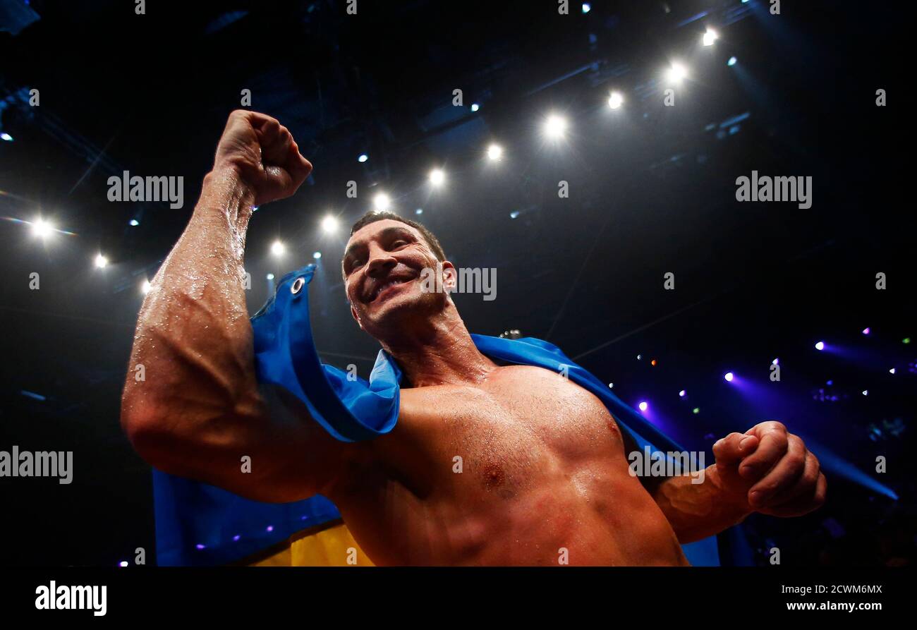 World heavyweight boxing champion Vladimir Klitschko of celebrates after defeating Australian challenger Leapai during their WBO heavyweight title in Oberhausen April 26, 2014. Klitschko after knock out in