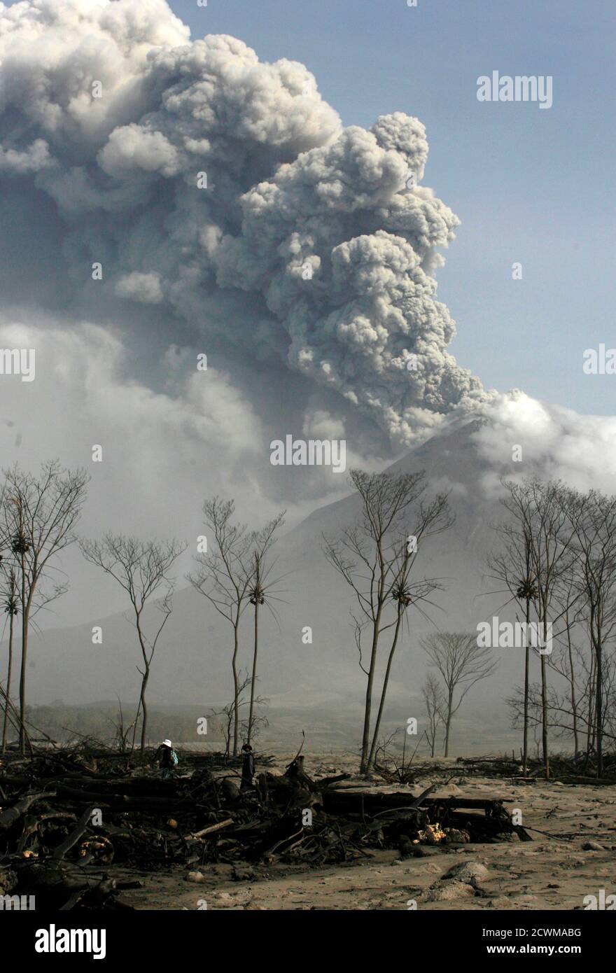 Eruption of Mount Merapi is seen from Kalitengah village in the Sleman district of Indonesia's central Java province November 10, 2010. Mount Merapi showed lethargic signs on Wednesday but authorities would not lower down its alert status because of its intense seismic activities, the head of the country's vulcanolology agency said. REUTERS/Sigit Pamungkas (INDONESIA - Tags: DISASTER ENVIRONMENT) Stock Photo
