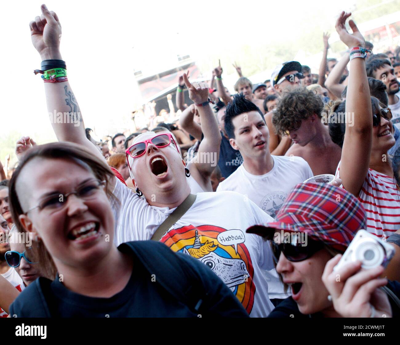 Festival goers attend a concert by Anti-Flag of America during Budapest's Sziget music festival on an island in the Danube River August 9, 2012. Sziget, one of Europe's largest cultural events, holds its 20th edition in August after being voted the best large festival in Europe at the European Festival Awards this year. Picture taken August 9, 2012. REUTERS/Bernadett Szabo (HUNGARY - Tags: ENTERTAINMENT SOCIETY) Stock Photo