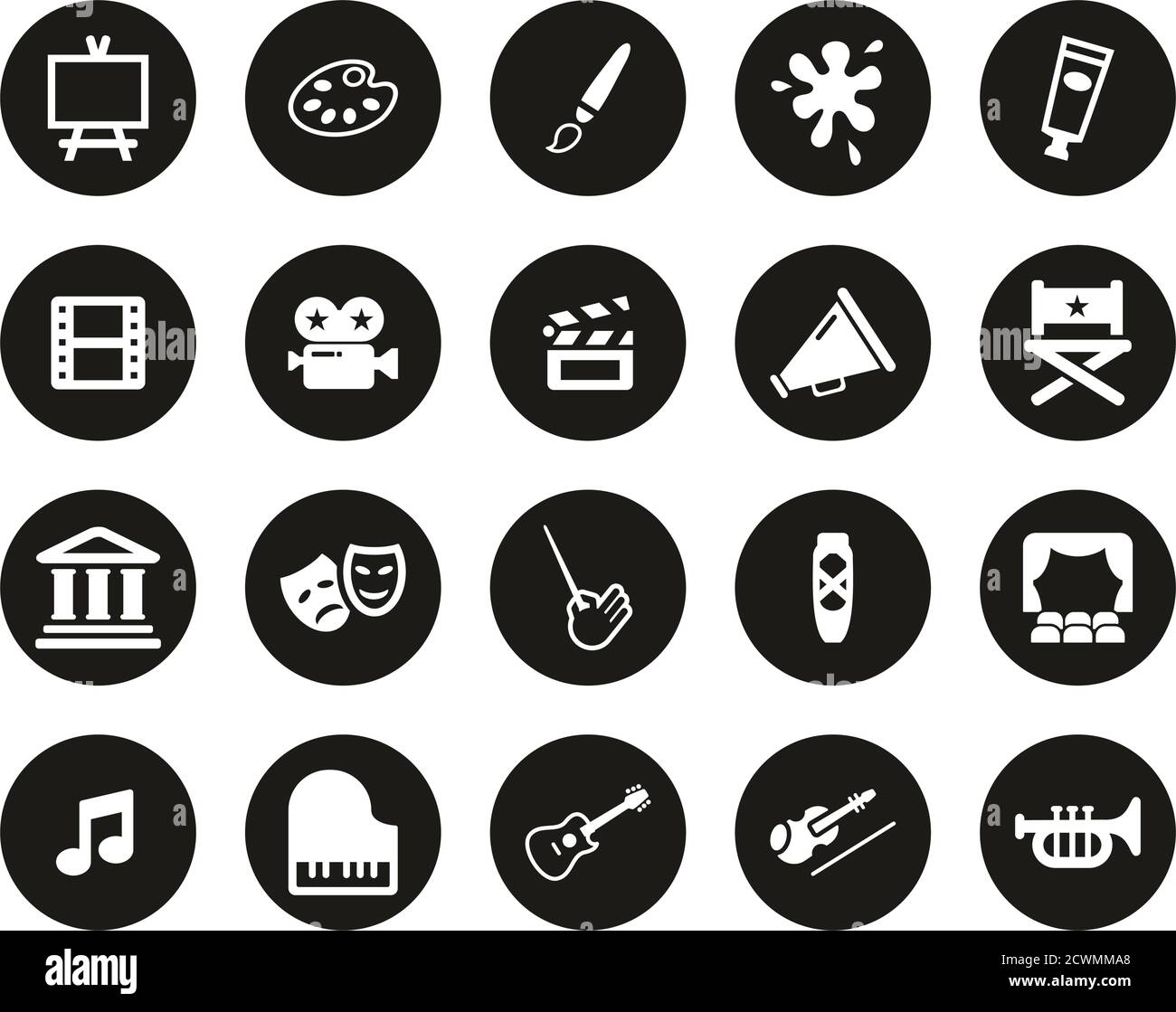 Art & Art Equipment Icons White On Black Flat Design Circle Set Big ...