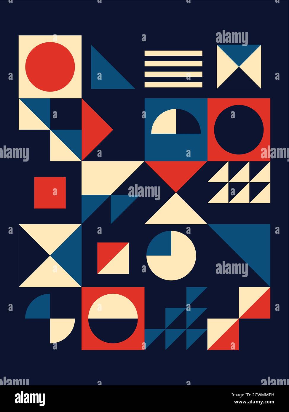 Vintage mid-century modern vector poster design in 18x24 format - 60's and 70's geometric pattern with triangles, circles and abstract shapes Stock Vector