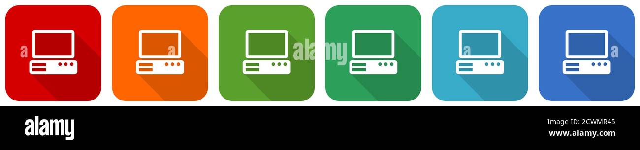 Computer icon set, flat design vector illustration in 6 colors options ...