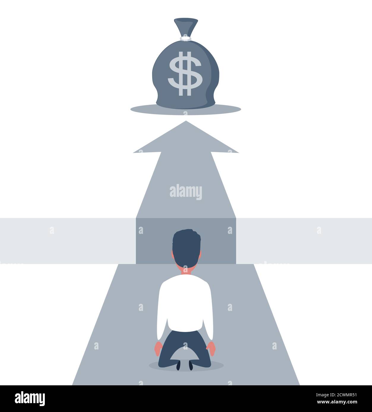 Sad businessman kneeling and looking down over big gap on way with big money bag at the top of it . Big fail. Stock Vector
