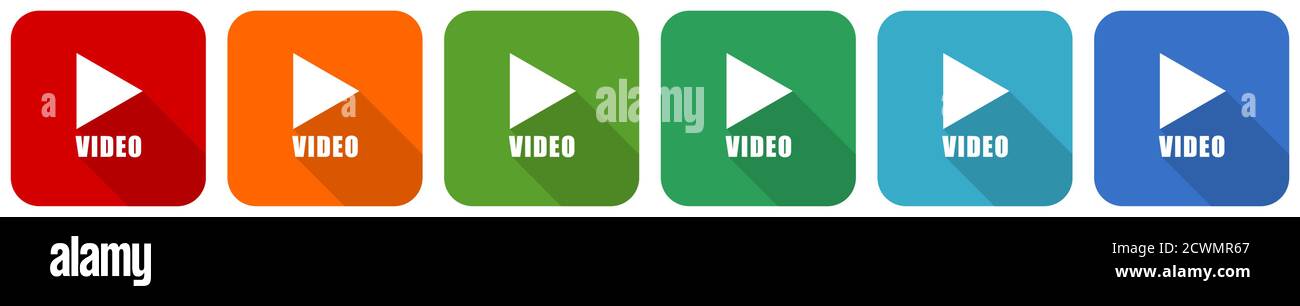 Video icon set, flat design vector illustration in 6 colors options for ...