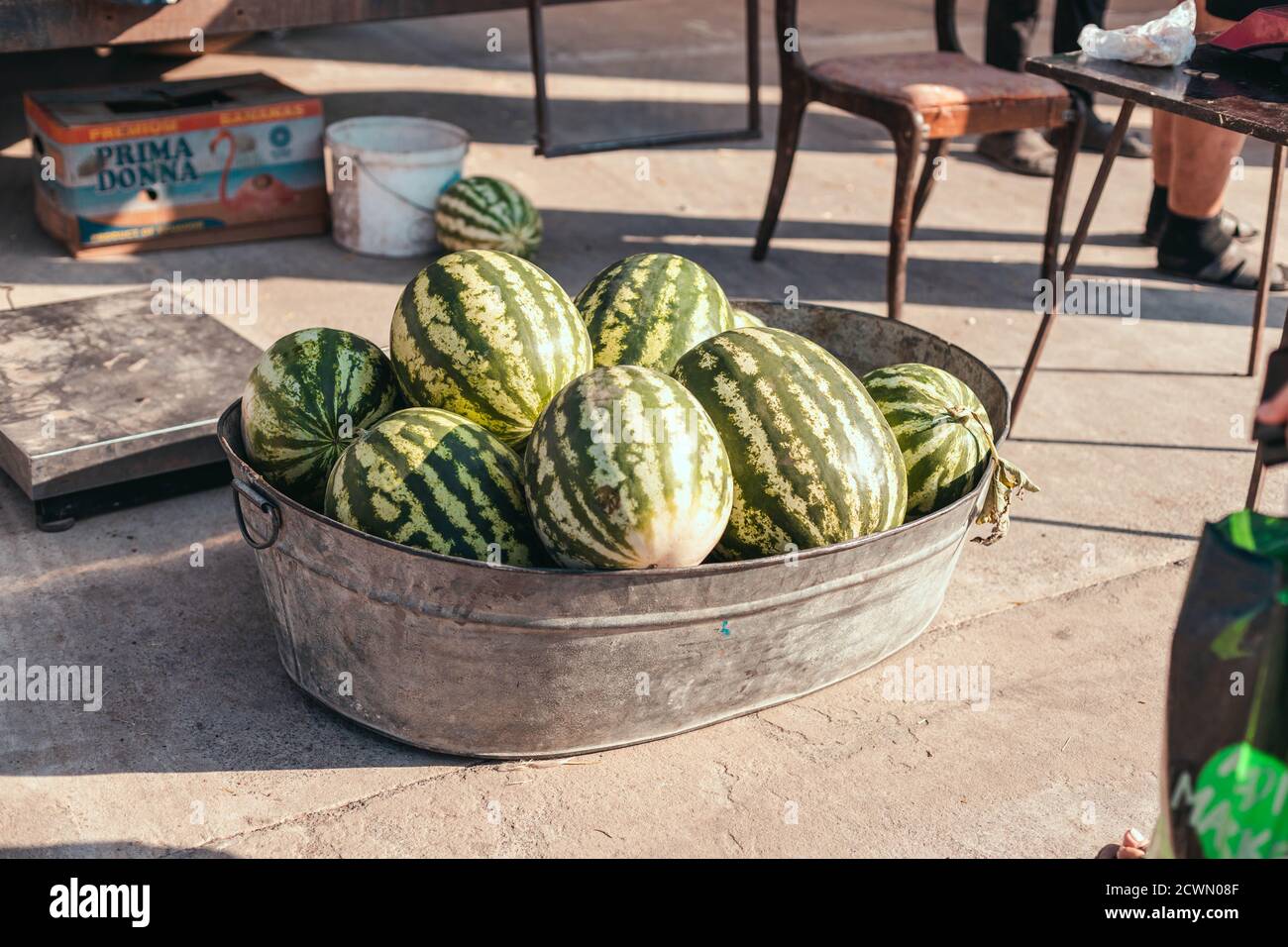 pile of red watermelon fruit in basket in the agricultural market Stock