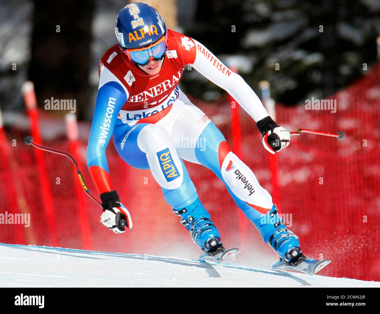 Dominique Gisin of Switzerland makes a turn during the Women's World Cup downhill alpine skiing race in Lake Louise, Alberta December 2, 2011.    REUTERS/Mike Blake     (CANADA - Tags: SPORT SKIING) Stock Photo
