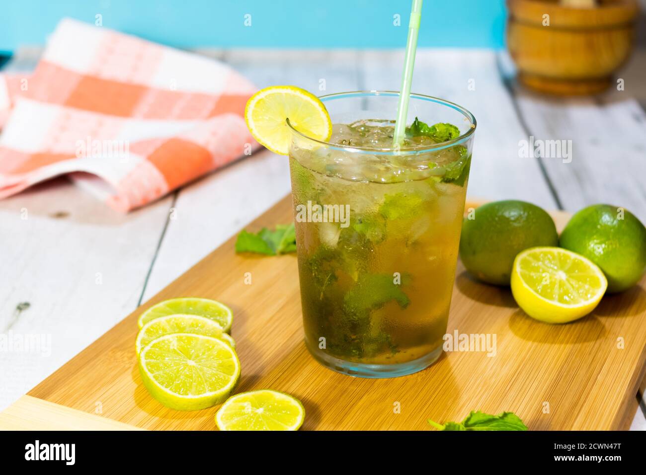 Cuban mojito made with rum, lime, brown sugar and soda on a wooden board.  typical Cuban drink Stock Photo - Alamy