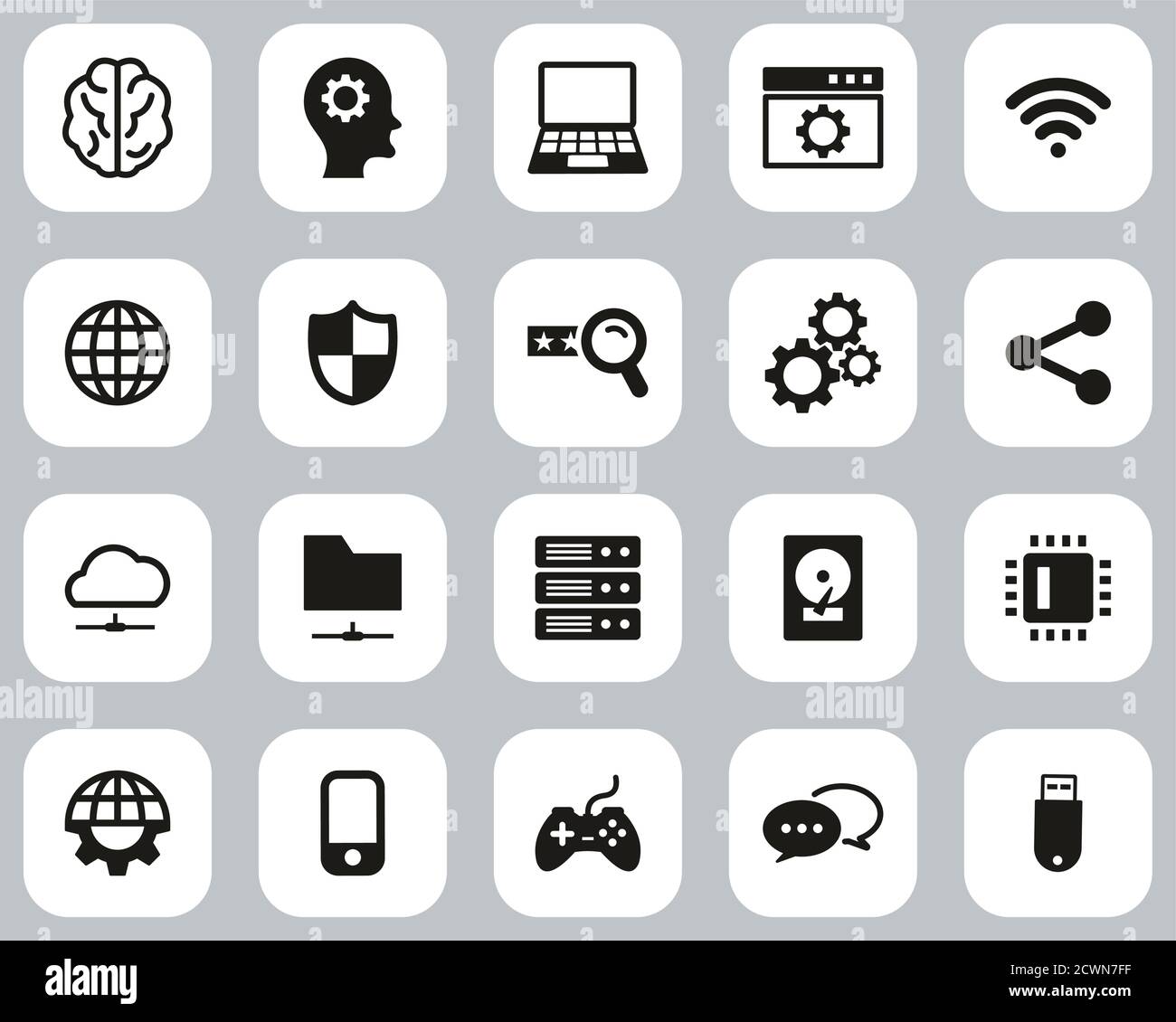 Artificial Intelligence Icons Black & White Flat Design Set Big Stock Vector