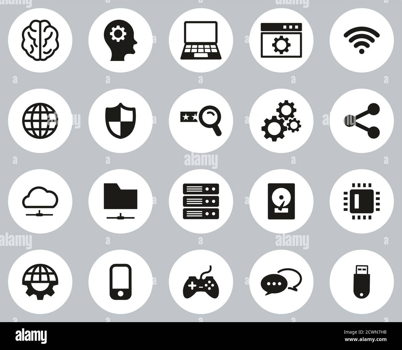 Artificial Intelligence Icons Black & White Flat Design Circle Set Big Stock Vector