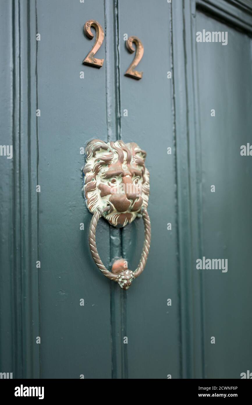 Number 22 door with a brass lion's head door knocker. Stock Photo