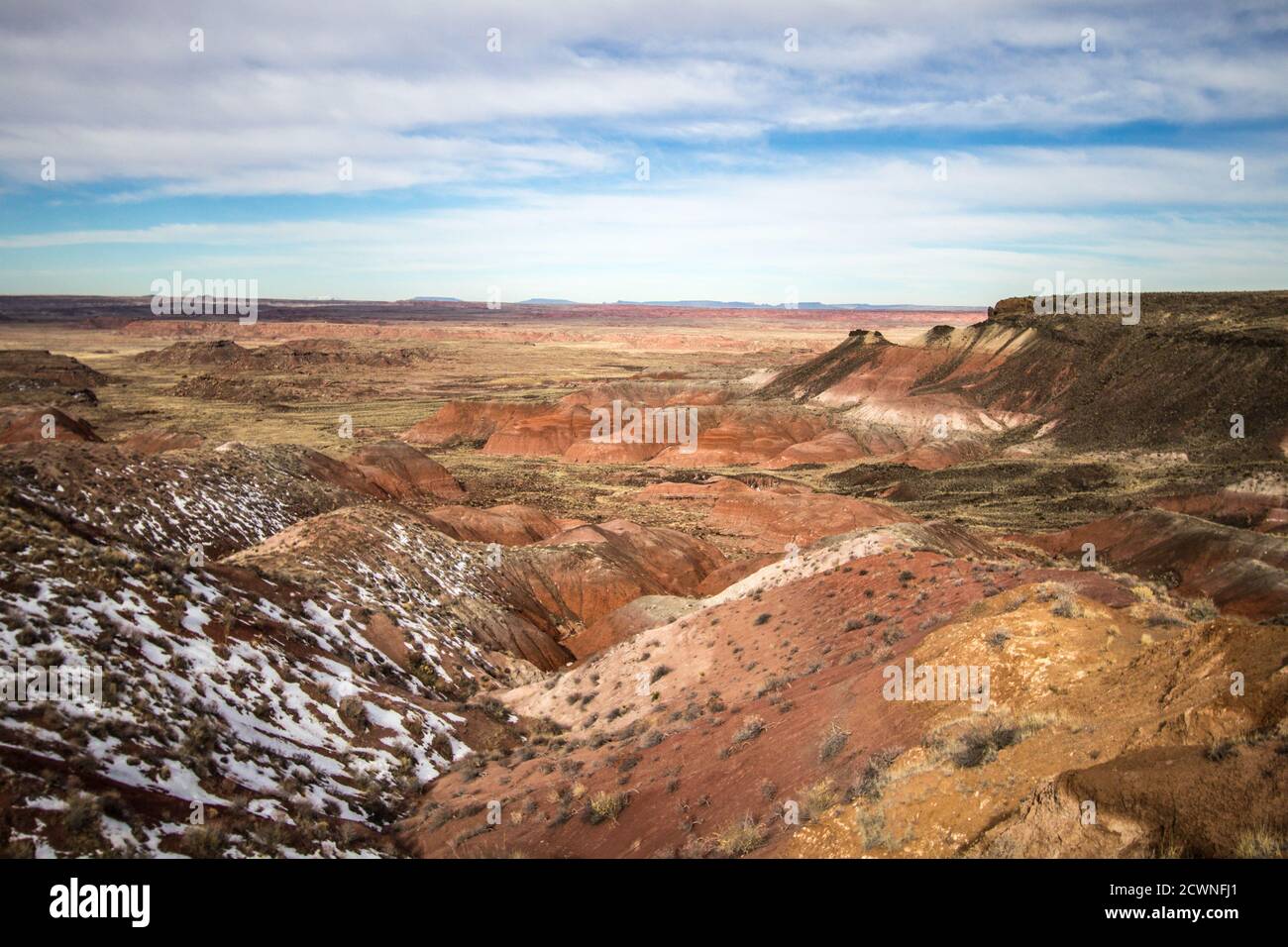 Winter In The Desert. Light dusting of snow at an overlook in the Painted Desert National Park near Holbrook, Arizona. Stock Photo