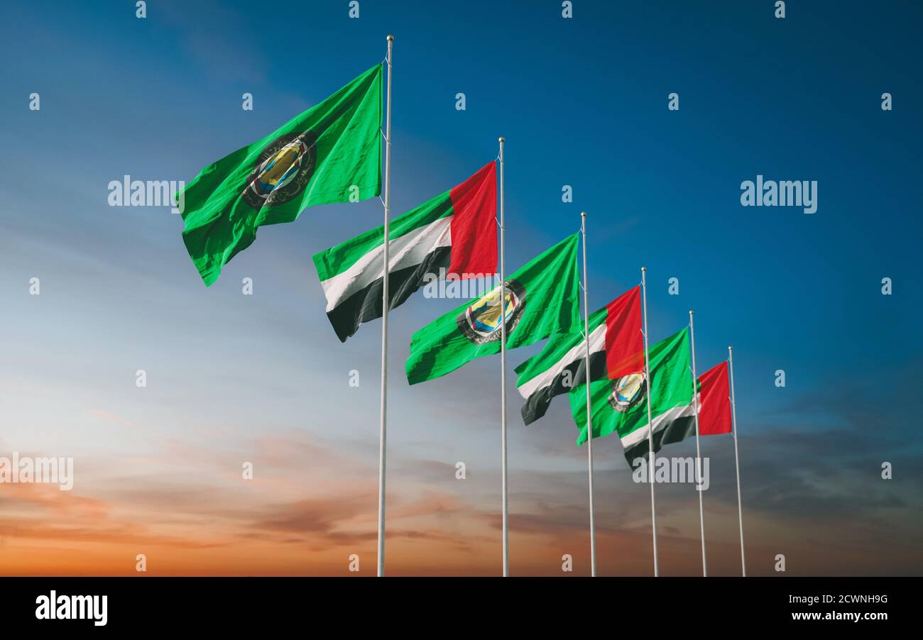 Waving flags of Gulf Cooperation Council of the Persian Gulf States - Bahrain, Kuwait, Oman, Qatar, Saudi Arabia, and the United Arab Emirates - excep Stock Photo