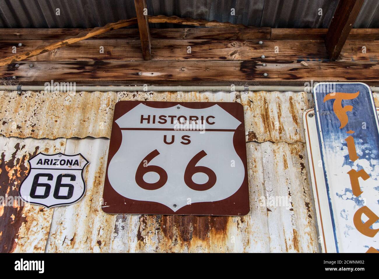 Hackberry, Arizona, USA - February 17, 2020: Rusty historic Arizona Route 66 sign at the Hackberry General Store in the American Southwest. Stock Photo