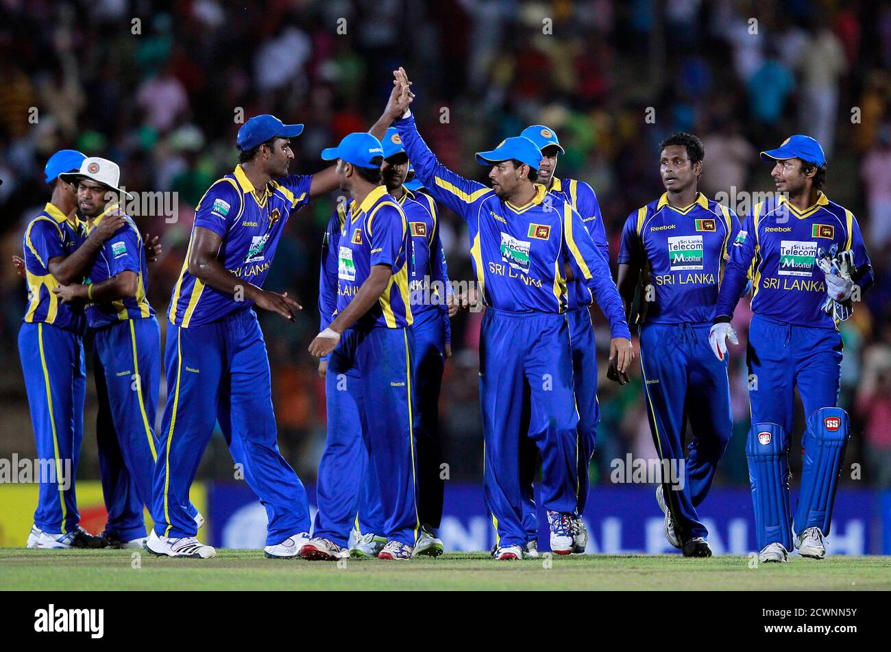 The Sri Lankan cricket team celebrates after winning their first Twenty20 (T20) cricket match against Pakistan in Hambantota, about 240km (149 miles) south of Colombo June 1, 2012. REUTERS/Dinuka Liyanawatte (SRI LANKA - Tags: SPORT CRICKET) Stock Photo