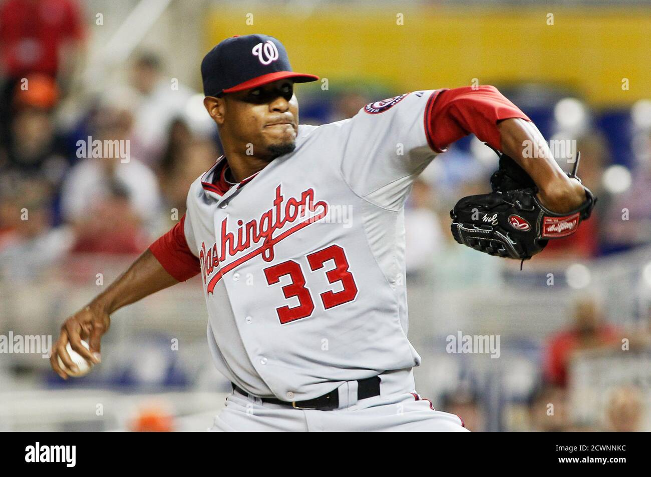 Washington Nationals starting pitcher Edwin Jackson throws against the Miami Marlins in the first inning during their MLB baseball game in Miami July 16, 2012. REUTERS/Joe Skipper  (UNITED STATES - Tags: SPORT BASEBALL) Stock Photo