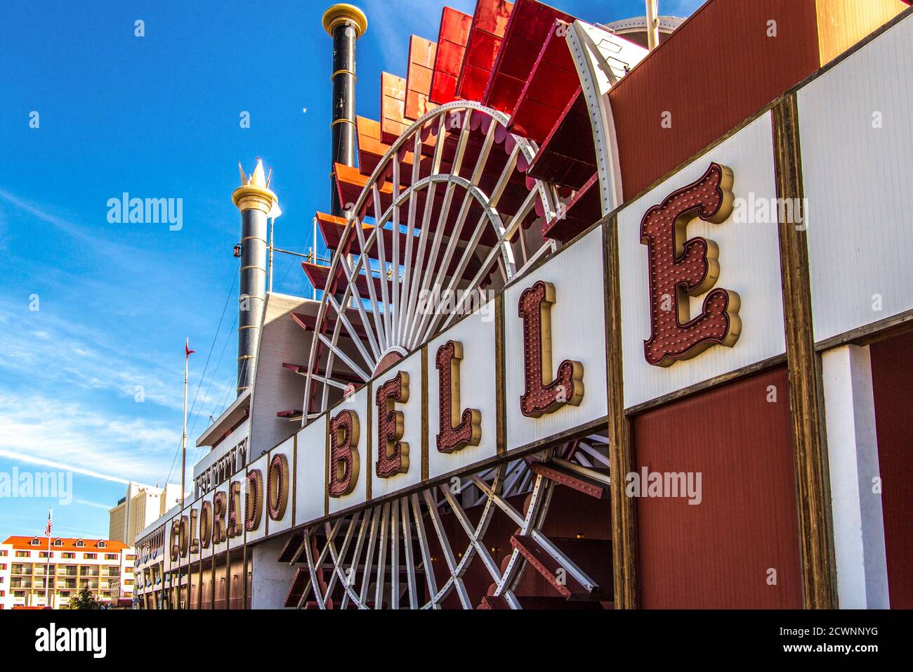 Laughlin, Nevada, USA - February 17, 2020: Exterior of the Colorado Belle on the waterfront in downtown Laughlin. Stock Photo