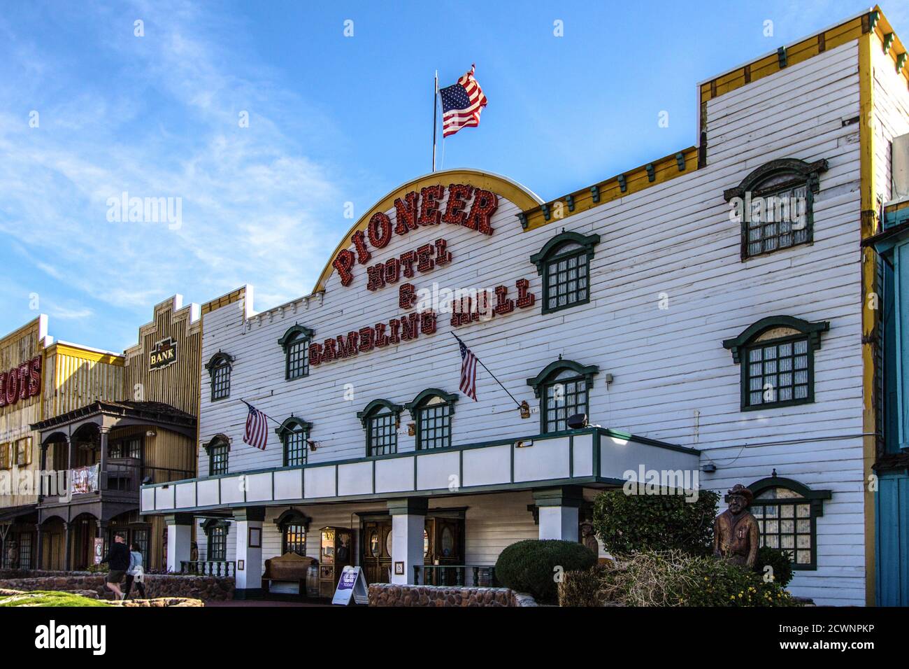 Laughlin, Nevada, USA - February 17, 2020: Exterior of the Pioneer Hotel and Gambling Hall on the Colorado River in Laughlin Nevada. Stock Photo