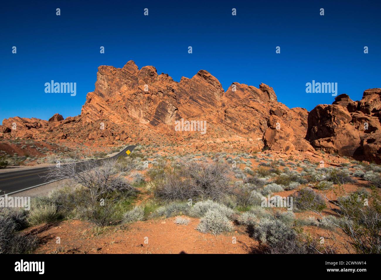 Desert Road Trip. Nevada scenic byway through the Valley Of Fire State Park. Stock Photo