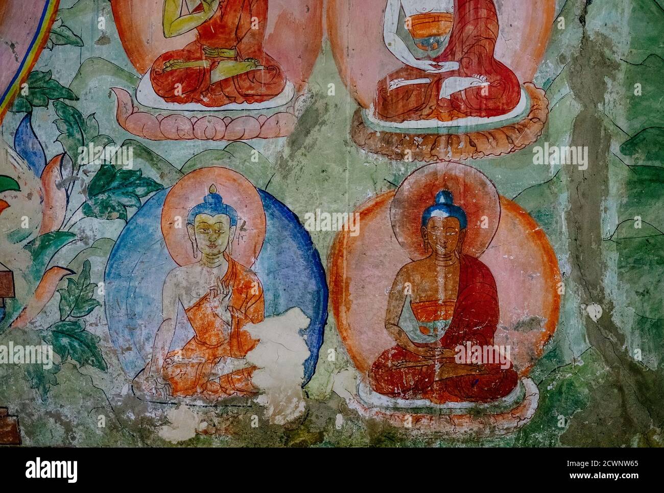 Buddha Incarnation elements of wall painting in Thiksey Monastery in Leh Stock Photo