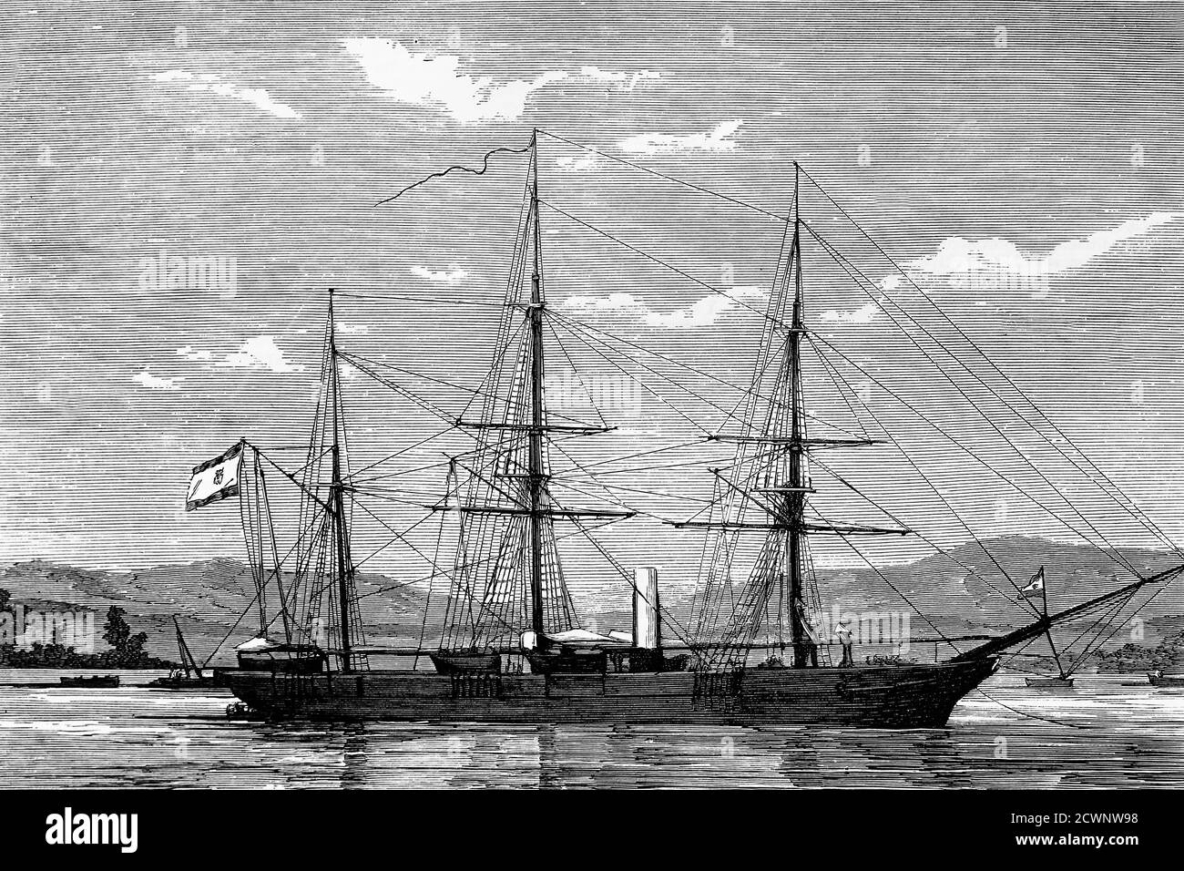 Spanish navy steam corvette Narvaez. Antique illustration. 1865. Stock Photo