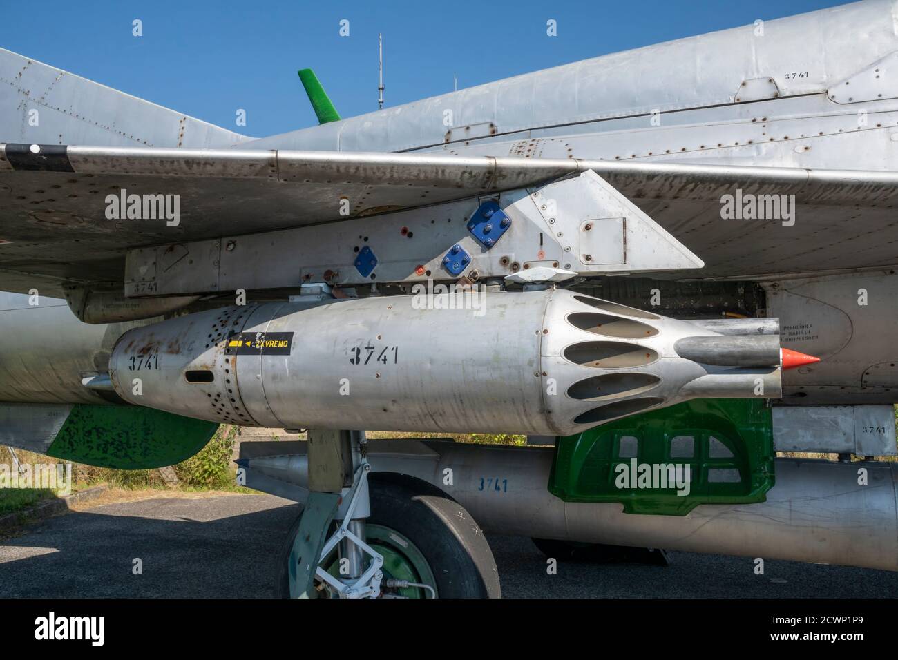 UB-16-57 rocket launcher - Slovak MiG-21UM. Exhibition at the Svidnik airport airport, Slovakia, Europe Stock Photo