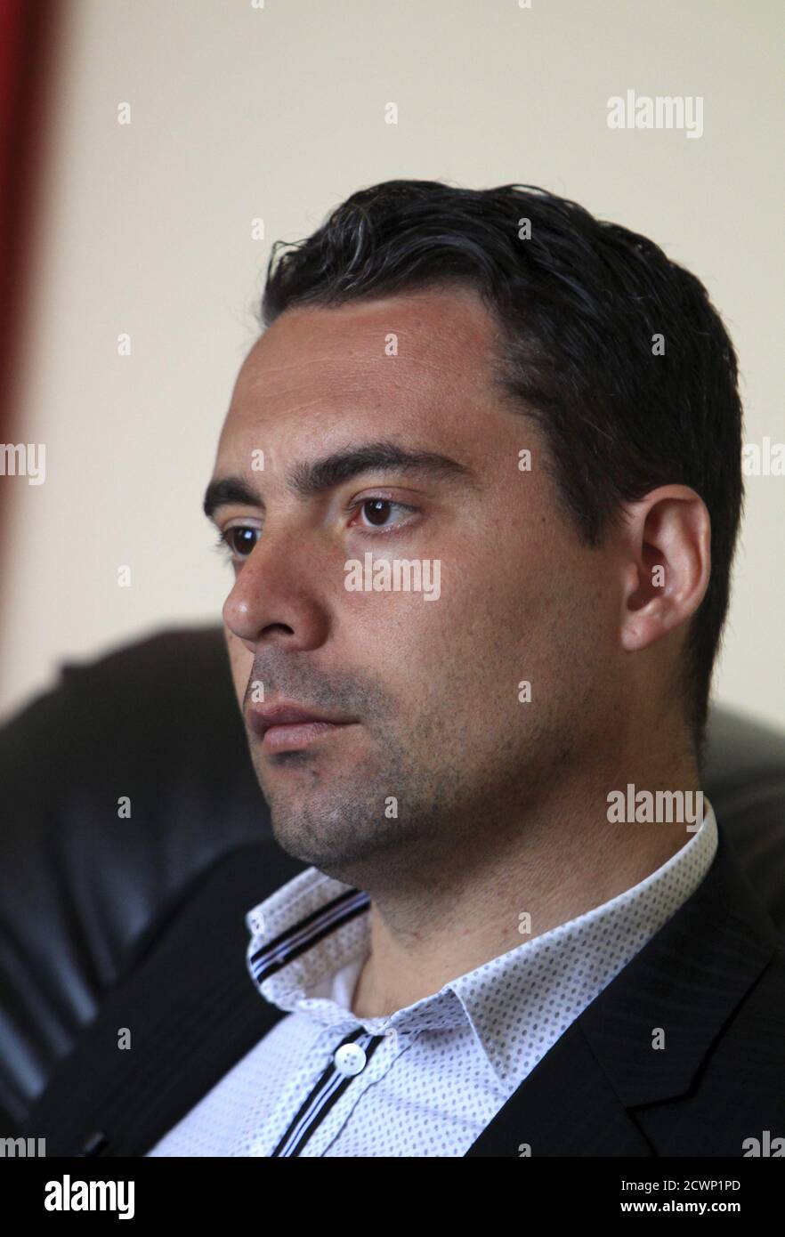 Gabor Vona, chairman of the far right Jobbik party, attends an interview  with Reuters in Budapest, April 14, 2015. Hungary's Jobbik party will leave  behind its far-right origins, keep the country in