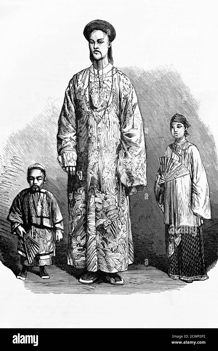 The Chinese giant Chang, his wife and the dwarf Chung, his servant. 2,35 m height, Dwarf, a m. His wife King Foo, meaning pretty lilium. Antique illus Stock Photo